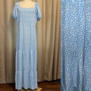 Coolmee Blue and White Leopard Maxi Smocked Sundress Puff Sleeve Womens Plus 2XL